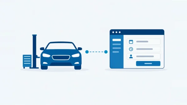 Illustratie: een auto in de werkplaats gekoppeld aan een afsprakenapplicatie