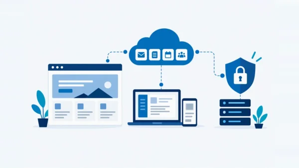Illustratie: een website, Microsoft 365-apps in de cloud en een beveiligingsschild met slot