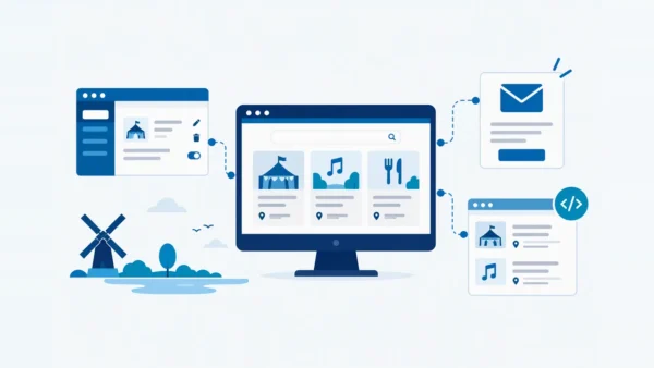 Illustratie: een beheerpaneel en een evenementenwebsite met zoekbalk, e-mail en een inbedbare widget
