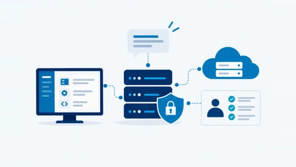 Illustratie: een beheerscherm, een beveiligde server, een cloudomgeving en een lijst met afgevinkte taken