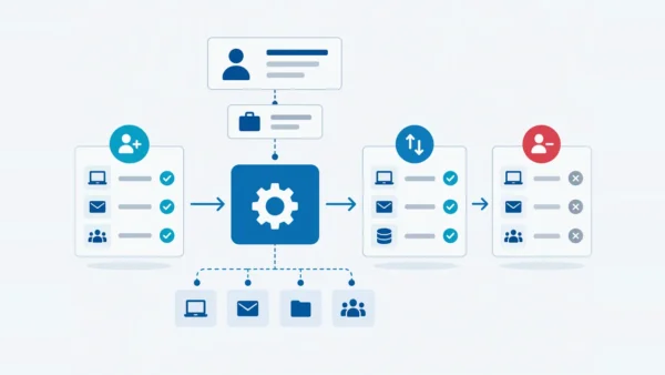 Illustratie: een medewerker en functie bepalen via een centraal functieprofiel de accounts, licenties en rechten bij in dienst, andere functie en uit dienst