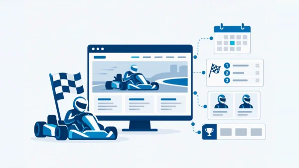 Illustratie: een kartcoureur met finishvlag naast een website met kalender, uitslag, coureursprofielen en trofeeën