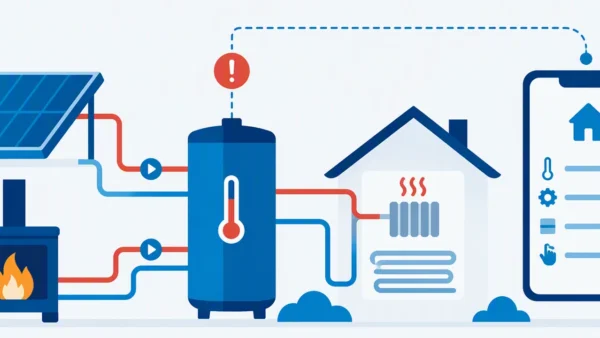 Illustratie: zonnepaneel en openhaard verwarmen een vat dat via pompen het huis verwarmt, met een waarschuwing bij oververhitting en een app op een telefoon